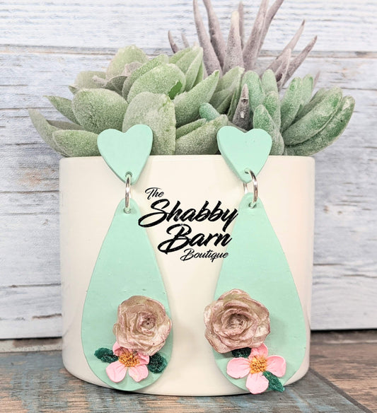 Tear Drop & Heart Stud Dangle - Floral